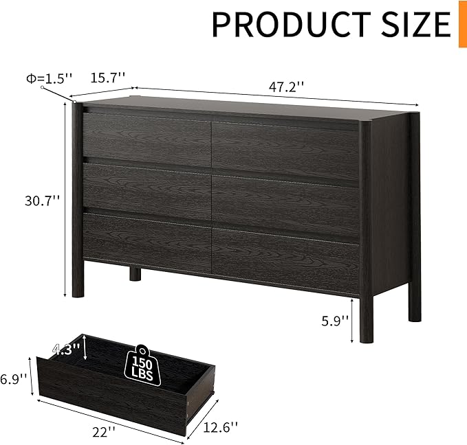 Dresser for Bedroom,6-Drawers,47" Wide Farmhouse Large Dressers & Chest,4 Solid Wood Legs,TV Stand, Storage Organizer Furniture for Bedroom(Black)