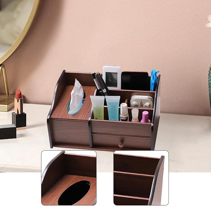 Fenteer Wood Desk Organiser with Drawer, Desk Tidy Container Case Vintage Design Tissue Box Cover Pen Holder for Living Room Counter