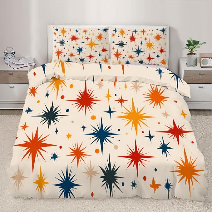 Retro Atomic Duvet Cover Twin Size, Vintage 50s Mid Century Bedding Set 2 Piece Kids and Adults Abstract Star Patterned Comforter Cover with Zipper Ties & 1 Pillowcases