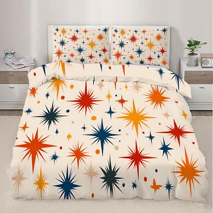 Retro Atomic Duvet Cover King Size, Vintage 50s Mid Century Bedding Set 3 Piece Bedroom Decor Abstract Star Patterned Comforter Cover with Zipper Ties & 2 Pillowcases