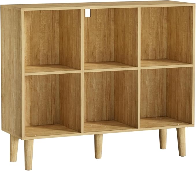 6 Cube Bookcase, Wooden Book Shelf Cube Storage Organizer with Legs, 2 Tier Bookshelf Freestanding Open Shelves for Home Office, Living Room, Bed Room (Oak, 6 Cube Horizontal)