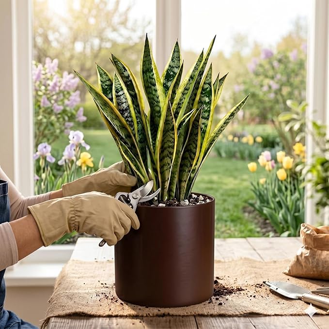 Coffee Metal Plant Pot with Drainage Hole,7 Inch Mid Century Modern Small Pot Indoor Outdoor Planters for Succulents, Flowers & Home Decor Gift Window Living Room Bedroom