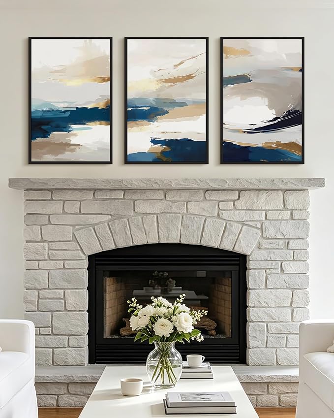 KUVIOKE Abstract Blue Framed Wall Art Graffiti Shape Pastel Wall Decor Modern Art Painting for Bedroom Hallway 16x24in (Black Framed)