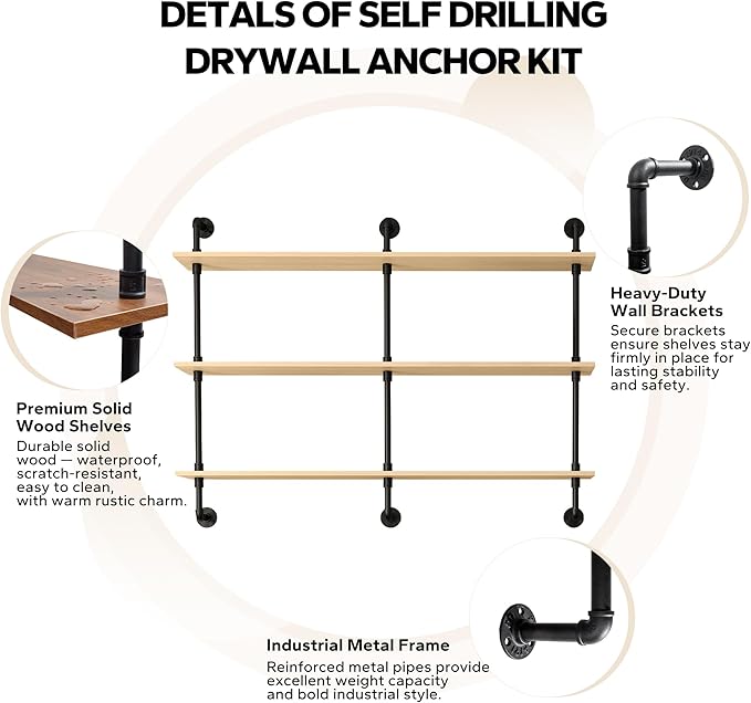 3-Tier Industrial Pipe Floating Shelf – Rustic 60 inch Wood Wall-Mounted Storage Shelf for Kitchen Office,Bathroom & Home Decor -White
