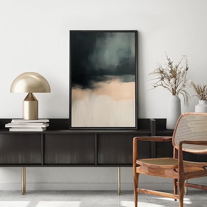 MUDECOR Framed Canvas Print Wall Art Dark Teal and Beige Drip Abstract Contemporary Gradient Illustrations Fine Art Decorative Zen Multicolor Country/Farmhouse Retro for Bedroom - 16"x24" BLACK