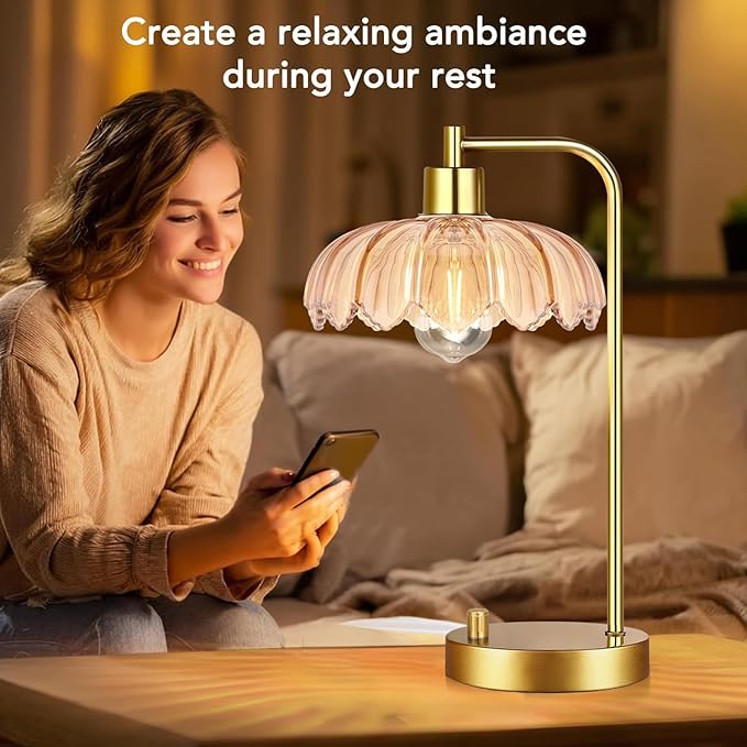 Glass Table Lamp Set of 2,Small Gold Bedside Lamps Dimmable Boho Bedroom Lamp with Tulip Flower Amber Lamp Shade,Vintage Mid Century Modern Mini Nightstand Lamp for Bedroom Living Room