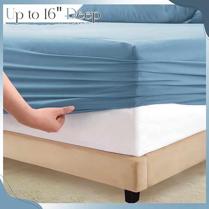 Horbaunal Blue Ruffle Sheets Queen Size 6 Piece, Fits 16" Deep Mattress, Microfiber Blue Queen Sheets with 2 Ruffled Pillowcases, Shabby Chic Queen Bed Sheet Set