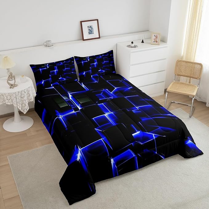 Erosebridal Abstract Comforter Set, Modern Geometric Grid Square Twin Bedding Sets, Blue Black Honeycomb Duvet Insert Soft Microfiber Polyester Bed Set for Kids Boys Bedroom