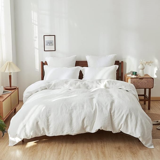 Simple&Opulence 100% Linen Duvet Cover Set, 3 PCS Natural French Flax White Duvet Cover Queen Size, Breathable Soft Comfy Linen Bedding Comforter Cover with 2 Pillowcases(White, 88"x92")