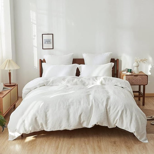 Simple&Opulence 100% Linen Duvet Cover Set, 3 PCS Natural French Flax White Duvet Cover Queen Size, Breathable Soft Comfy Linen Bedding Comforter Cover with 2 Pillowcases(White, 88"x92")