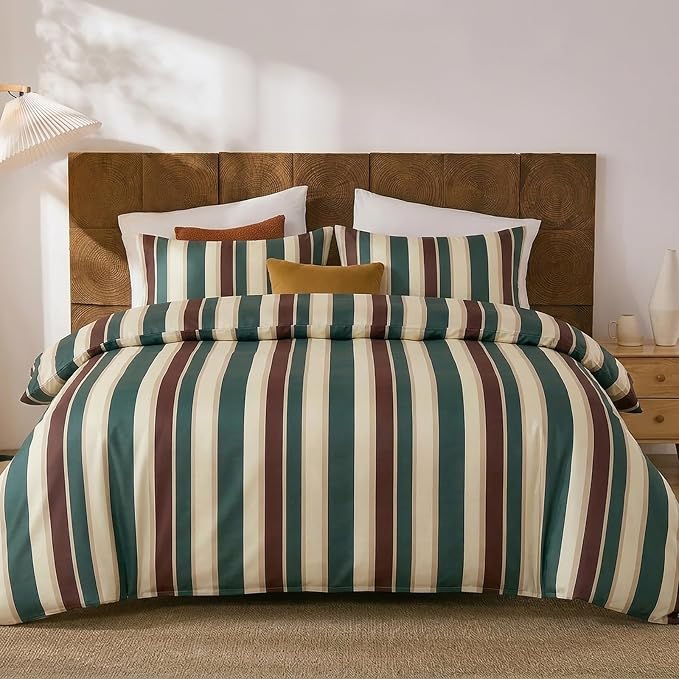 Merryword 100% Cotton Duvet Cover Set King Size - Vintage Green Cabana Striped Bedding Set with Zipper & Corner Ties, 3-Piece Luxury & Silky Soft Bedding Set for All Seasons