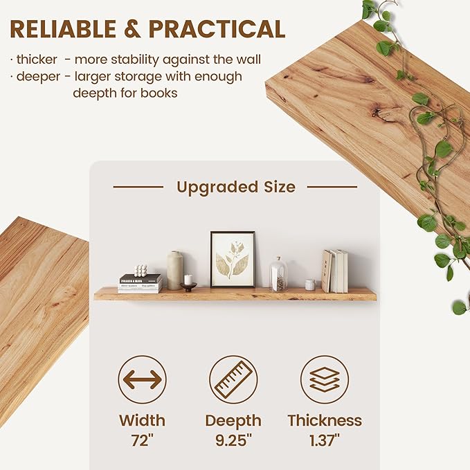 Reclaimed Elm Wood Floating Shelf for Wall, Live Edge 72" W x 9.2" D x 1.4" H, 1 Pack Large Invisible Wall Mounted Shelf for Living Room Bedroom Kitchen Bathroom Decor, Natural Finish