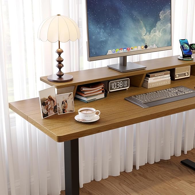 63 x 24 Inches Electric Standing Up Desk with Monitor Shelves,Height Adjustable Computer Desk from 28-46''with Memory Controller,Modern Home Office Desk for Work,Study,Oak Brown
