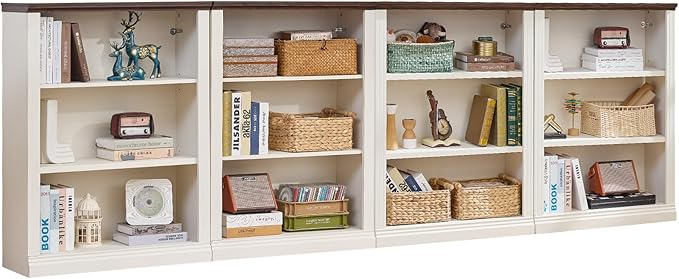 RWYHG 43" White Tall Bookshelf Set of 4,3-Tier Thick Wooden Book Shelf with Adjustable Shelves,Free Standing Farmhouse Bookcase with Open Display Storage,Floor Vintage Bookshelves for Living Room