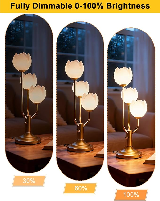Lightdot Flower Table Lamp for Living Room Modern 3-Light Modern Mid Century Cute Desk Lamp 3000K Warmwhite Dimmable Bedside Nightstand Lamp for Bedroom Reading-Gold