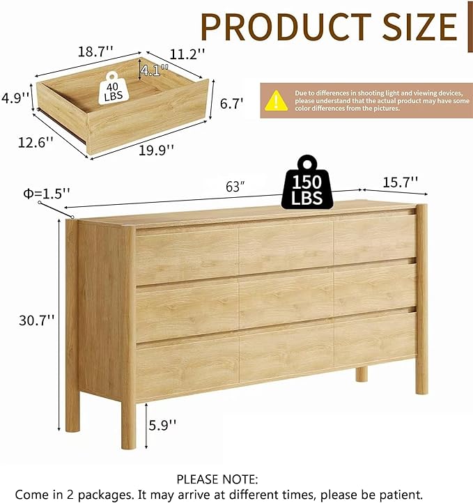 CHUWELL Dresser for Bedroom, 63" Wide Mid Century Modern Chest of Drawers with 9 Large Storage Space and 4 Solid Wood Cylindrical Legs, 9 Drawer Large Dresser for Bedroom(Oak)
