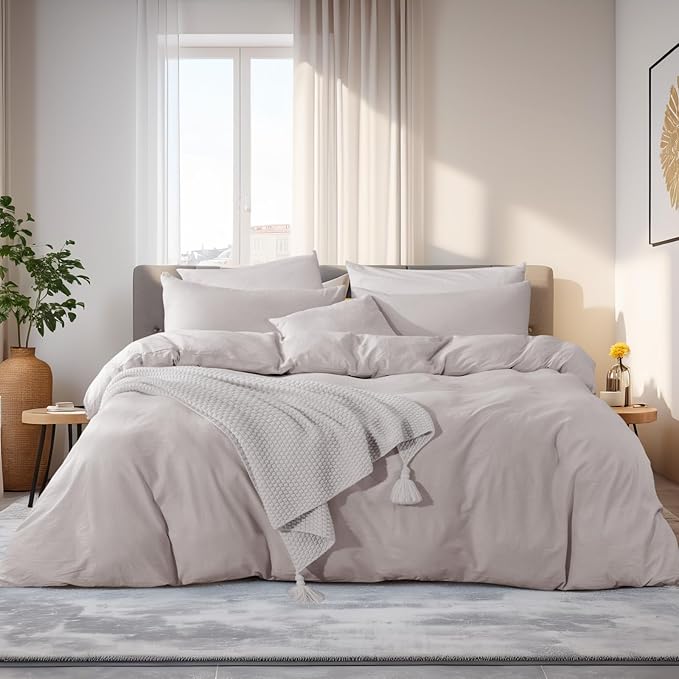 NEXHOME PRO Duvet Cover King Size, 100% Washed Cotton Orgnic Linen Like Textured Breathable Durable Comfy, 3 PCs Home Bedding Set