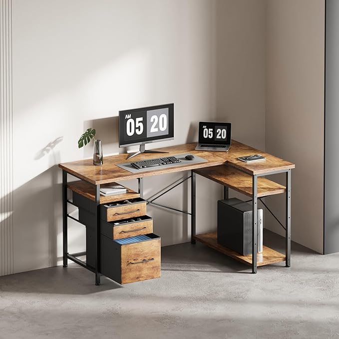 Maihail 47" Computer Desk with Drawers, Desks for Bedrooms, Writing Desk with Storage, Work Desk for Small Space, Rustic Brown