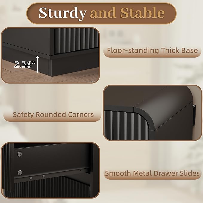 Black Dresser Fluted Tall 5 Drawer Dresser for Bedroom, Wood Chest of Drawers with Hidden Handles & Rounded Corners, Modern Storage Cabinet and Organizer Drawers for Living Room, Hallway