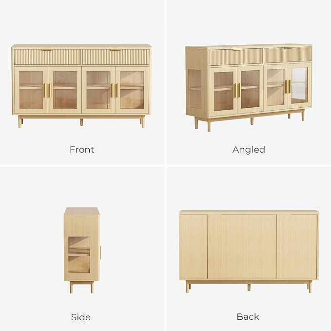 IRONCK 59'' Sideboard Buffet Cabinet with Drawers, Modern Kitchen Storage Cabinet with Adjustable Shelves and Tempered Glass Doors, Wood Coffee Bar for Kitchen, Living Room, Oak