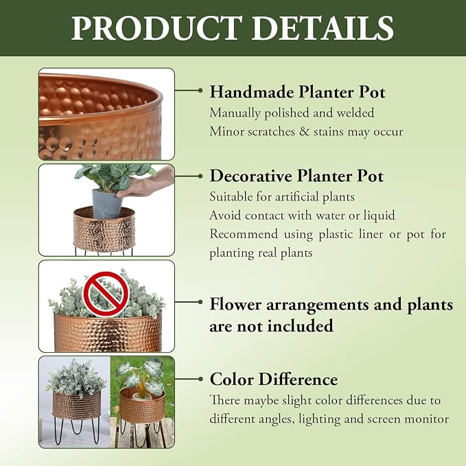 MyGift Modern Hammered Copper Tone Planter Pot, 8 and 10 Inch Metal Round Plant Container with Matte Black Wire Stand, Set of 2 - Handcrafted in India