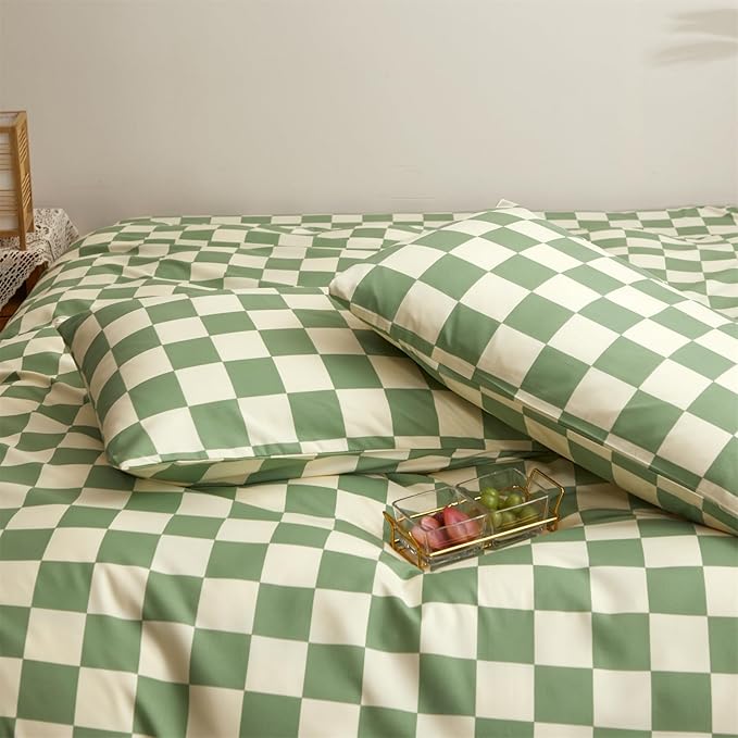 Pureant Green White Plaid Comforter Sets California King Women Men Sage Green Checkerboard Grid Bedding Comforters Cal King Modern Grass Green and White Checkered Geometric Quilts Luxury Abstract Bed