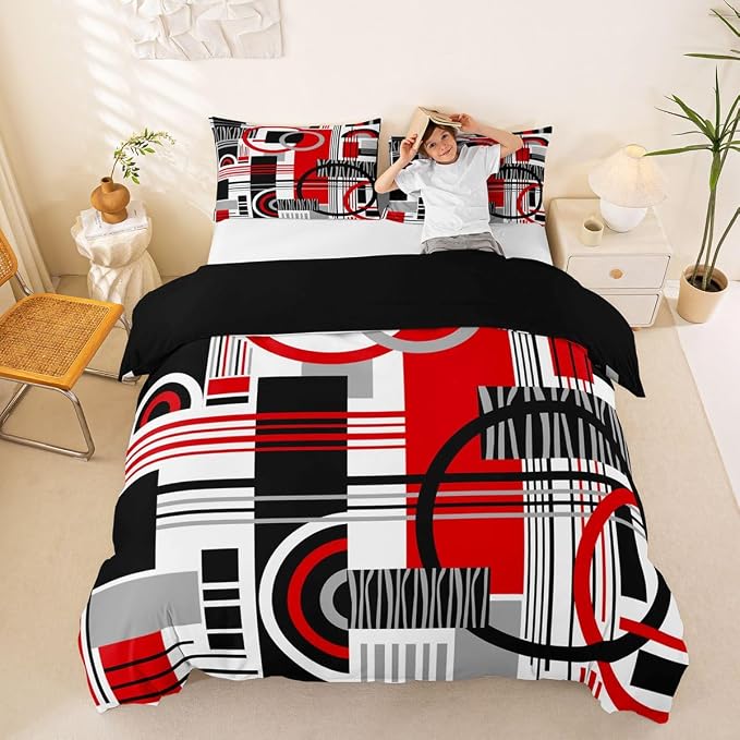 Erosebridal Art Deco Mid Century Duvet Cover Set Retro Modern Abstract Geometric King Bedding Set for Adult Men Black and White Red Circles Stripes Comforter Cover Contemporary Bed Sets