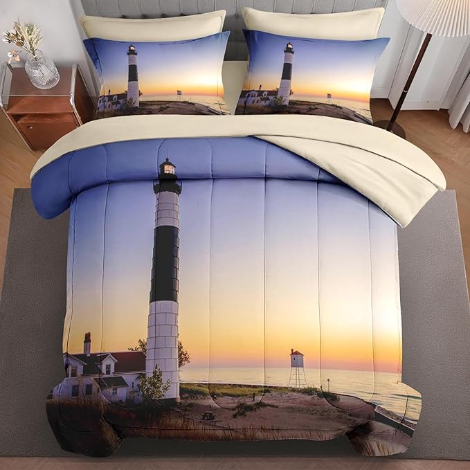 7Pcs Comforter Set Full Size, Coastal Lighthouse Michigan Beach Lake, Bed Decor Sea Ocean House Sunset Seascape Bedroom Bedding Set Flat Sheet Fitted Sheet Pillowcases for Kids and Adults