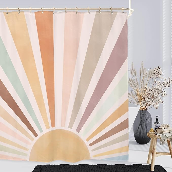 Miyotaa Pastel Sun Rainbow Retro Shower Curtain Set 60Wx71H Inches Minimalist Art Girls Abstract Colorful Aesthetic Vintage Polyester Waterproof Cloth Bathroom Curtain with 12 Hooks