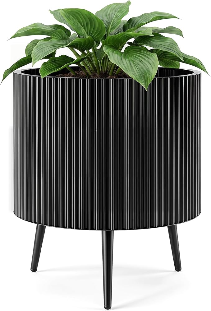 Giantex 20 Inch Plant Pot with Stand, Mid-Century Modern Fluted Planter with Built-in Drainage Holes, Metal Flower Pot with Tapered Legs for Living Room, Office, Porch, Garden
