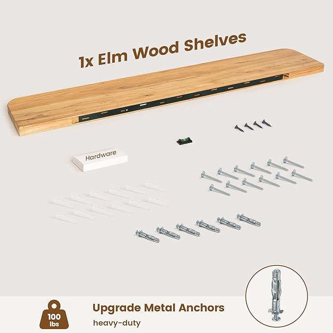 Reclaimed Elm Wood Floating Shelves for Wall Round Edge, 55"W x 9.2"D x 1.37"H, Set of 1 with Invisible Bracket, Wall Mounted Shelves for Living Room Bedroom Kitchen Bathroom Decor, Natural Finish