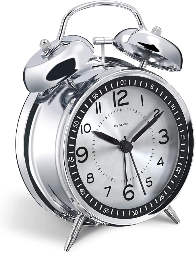 Peakeep Loud Alarm Clock for Heavy Sleepers Adults, Metal 4.5" Twin Bell Battery Operated Alarm Clocks for Bedrooms Decoration (Metal Silver)