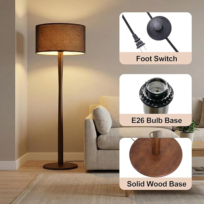 62" Tall Rustic Wood Floor Lamp for Living Room, Farmhouse Walnut Wood Floor Lamps with Linen Shade, UL Listed Standing Lamps with Wooden Base for Bedroom, Dining Room, House, Black Shade