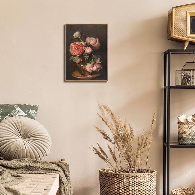 WALLZK Vintage Framed Wall Art Peony Wall Decor Pink Floral Canvas Prints Cottagecore Decor Rustic Farmhouse Pictures Artwork for Walls Living Room Bedroom Bathroom 12"x16"