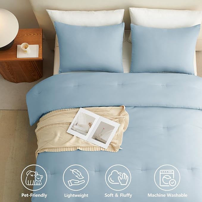 CozyLux Twin Comforter Set College Dorm Essentials, 2 Pieces Light Blue Twin Extra Long Solid Bedding Sets, Twin XL Bed Set with Down Alternative Comforter and 1 Pillowcase, Back to School Room Gift