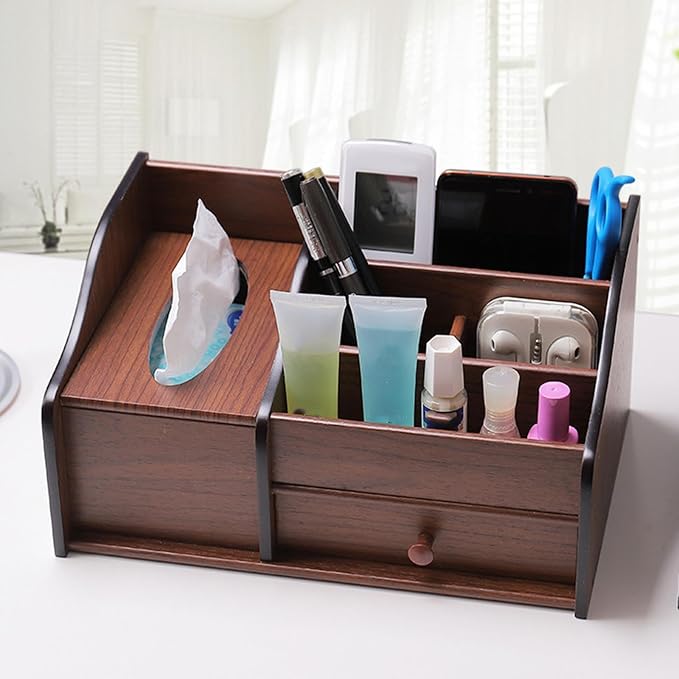 Fenteer Wood Desk Organiser with Drawer, Desk Tidy Container Case Vintage Design Tissue Box Cover Pen Holder for Living Room Counter