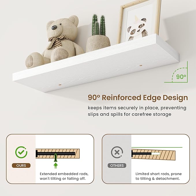 32in Floating Shelves for Wall, 32"W x 9.25"D x 1.25"H, 2 Pack Long Wall Mounted Engineered Wood Shelves with Invisible Brackets for Living Room, Bedroom, Bathroom, Kitchen Decor and Storage, White