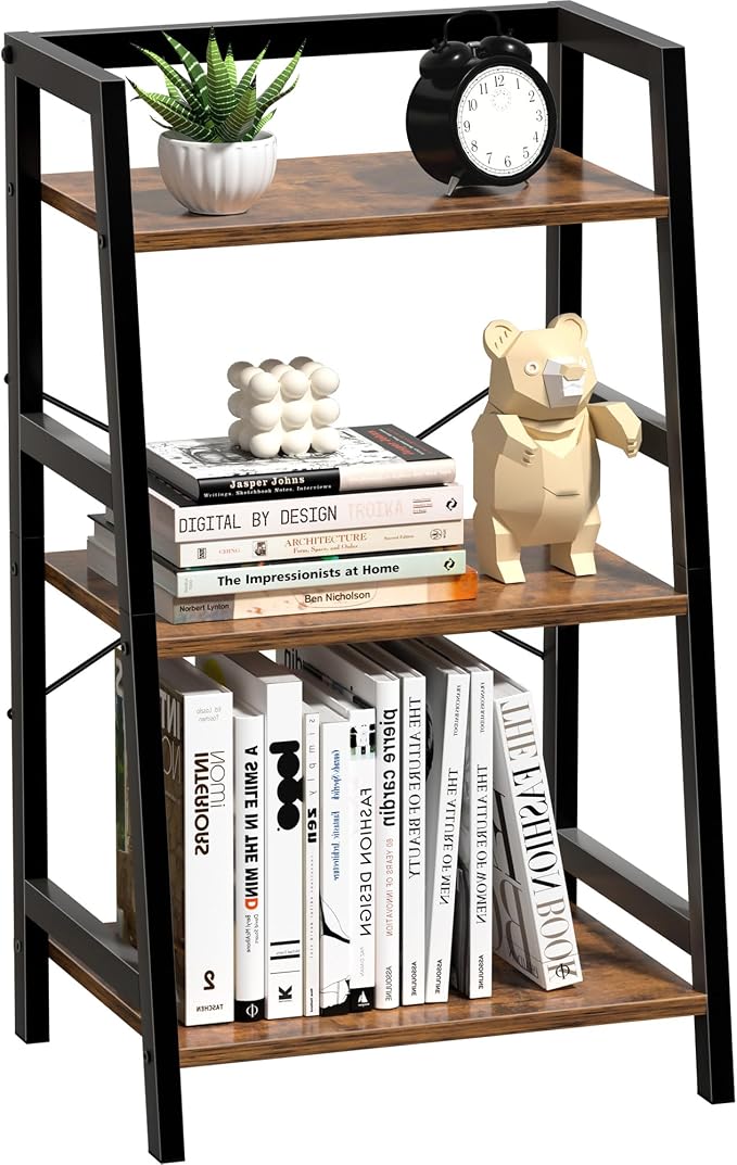 3-Tier Bookshelf, Ladder Shelf for Small Spaces, Industrial Short Bookshelf, Small Bookcase for Living Room, Bedroom, Home Office, Kitchen, 11.8 "D x 16.5" W x 31.3 "H, Rustic Brown
