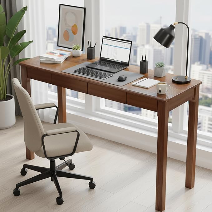 Wood Desk, Solid Wood Writing Table for Home Office, Mid Century Modern Desk with Drawers, Walnut (47inch / 120cm)