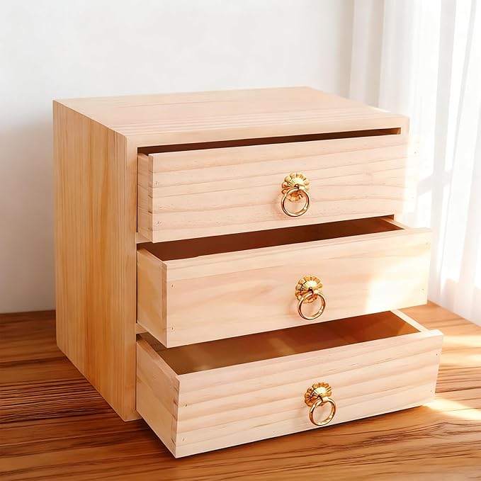 3 Layer Natural Wooden Storage Box with Drawers Desk Organizer Desk Accessories 3 Drawer Storage Organizer Wood Tabletop Organizer with Metal Handle for Home Office Counter Craft Decor