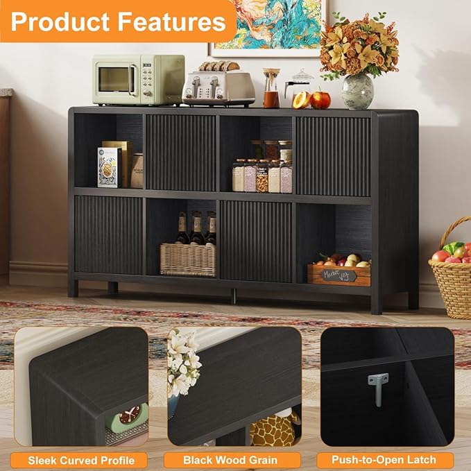 FATORRI 8 Cube Storage Organizer Bookshelf with 4 Doors, Low Horizontal Bookcase with Storage, Long Wood Book Shelf for Dining, Home Office (Black)