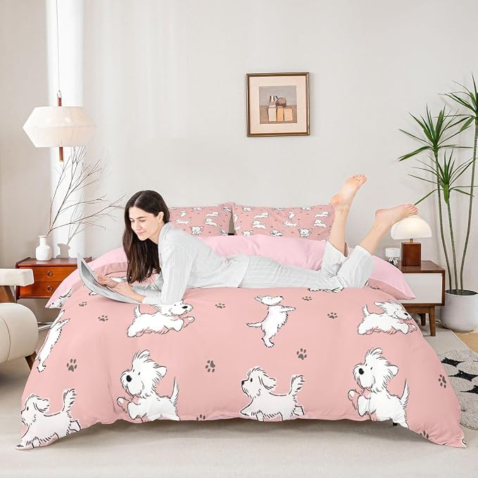 Erosebridal Cute Dog Bedding Set Twin Cartoon Animals Pastel Pink Duvet Cover Paw Print Comforter Cover for Kids Girls Boys Adults Modern Preppy Aesthetics Bed Set