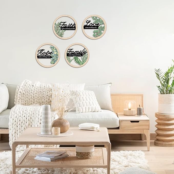 TOARTi Bohemian Inspirational Wooden Hanging Signs Sage Green Botanical Wall Art for Bedroom Living Room Eucalyptus Faith Hope Love Family Positive Affirmations Wall Decor Hollow Boho Minimalist Wood Plaques