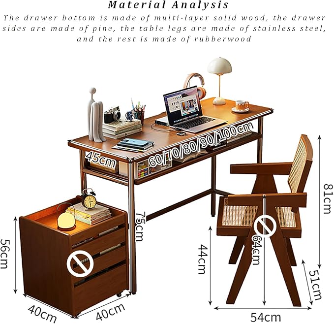 Mid-Century Modern Solid Wood Writing Desk Compact Home Office Workstation with Storage Shelf & Stainless Steel Legs Ideal Computer Desk for Small Spaces & Bedrooms