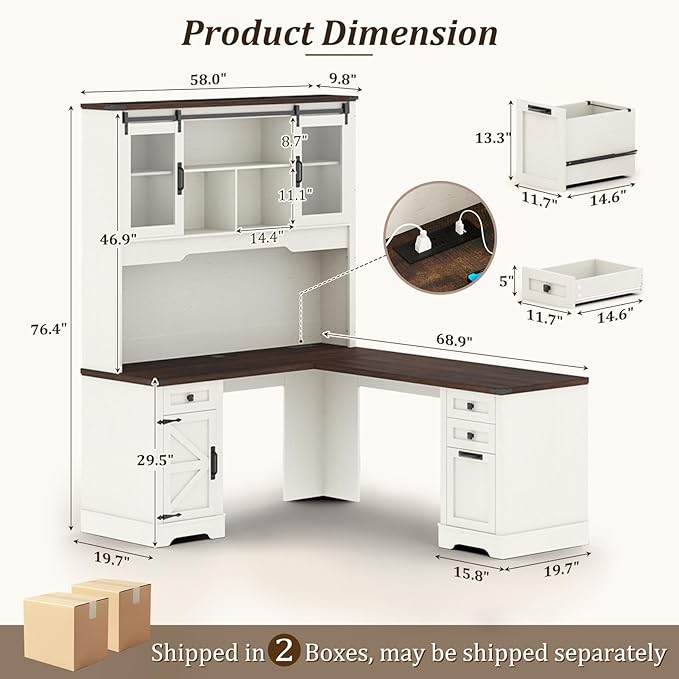 Squireewo 68.9'' Farmhouse L Shaped Desk with Hutch and Drawers, 76" High Wood Executive Home Office Desk with Charging Station, File Drawer and Cabinet, Computer Corner Desk with Sliding Doors, White