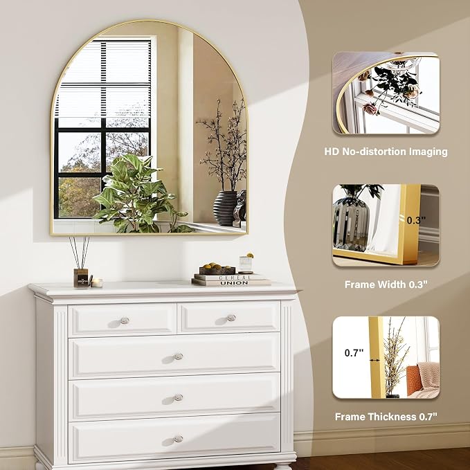 HARRITPURE 26"x28" Arched Bathroom Mirror, Wall Mounted Mirror, Gold Arch Mirror, Aluminum Alloy Frame Wall Mirror for Living Room, Bedroom and Entryway