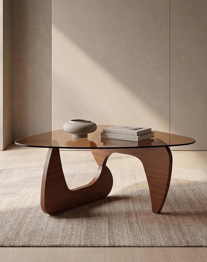Smoked Glass Coffee Table for Living Room, 43.3" Triangle Coffee Table with MDF Wood Base, Mid Century Modern Center Table for Apartment, Sofa, Lounge, Reception, Walnut Brown