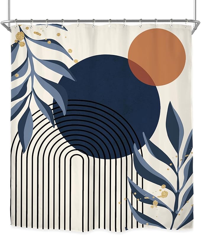 Miyotaa Abstract Navy Blue Shower Curtain Set 60Wx71H Inches Minimalist Aesthetic Modern Contemporary Plant Leaves Neutral Polyester Waterproof Cloth Bathroom Curtain with 12 Hooks