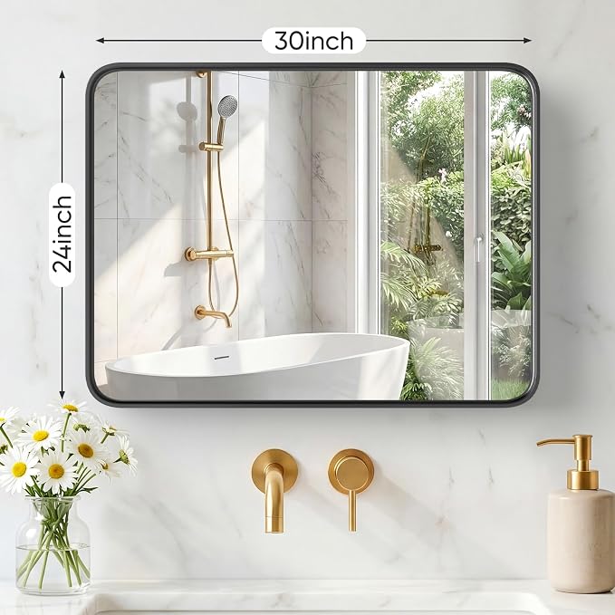 NEWBULIG 24X30 Inch Bathroom Mirror for Over Sink, Wall Vanity Mirrors Tempered Glass, Anti-Rust Metal Framed Rounded Rectangle, Hangs Horizontally or Vertically, Farmhouse Home Decor, Black