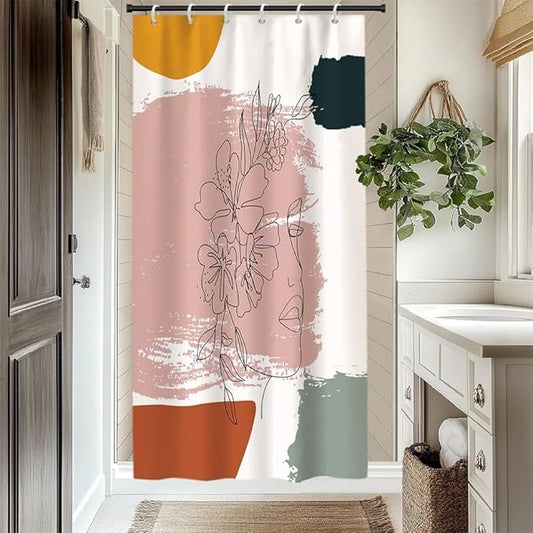 Boho Abstract Line Art Shower Curtain Modern Minimalist Bathroom Decor Floral Woman Face Abstract Color Block Chic Aesthetic Bathtub Curtains Washable Waterproof Polyester Fabric with Hooks 48x72 Inch
